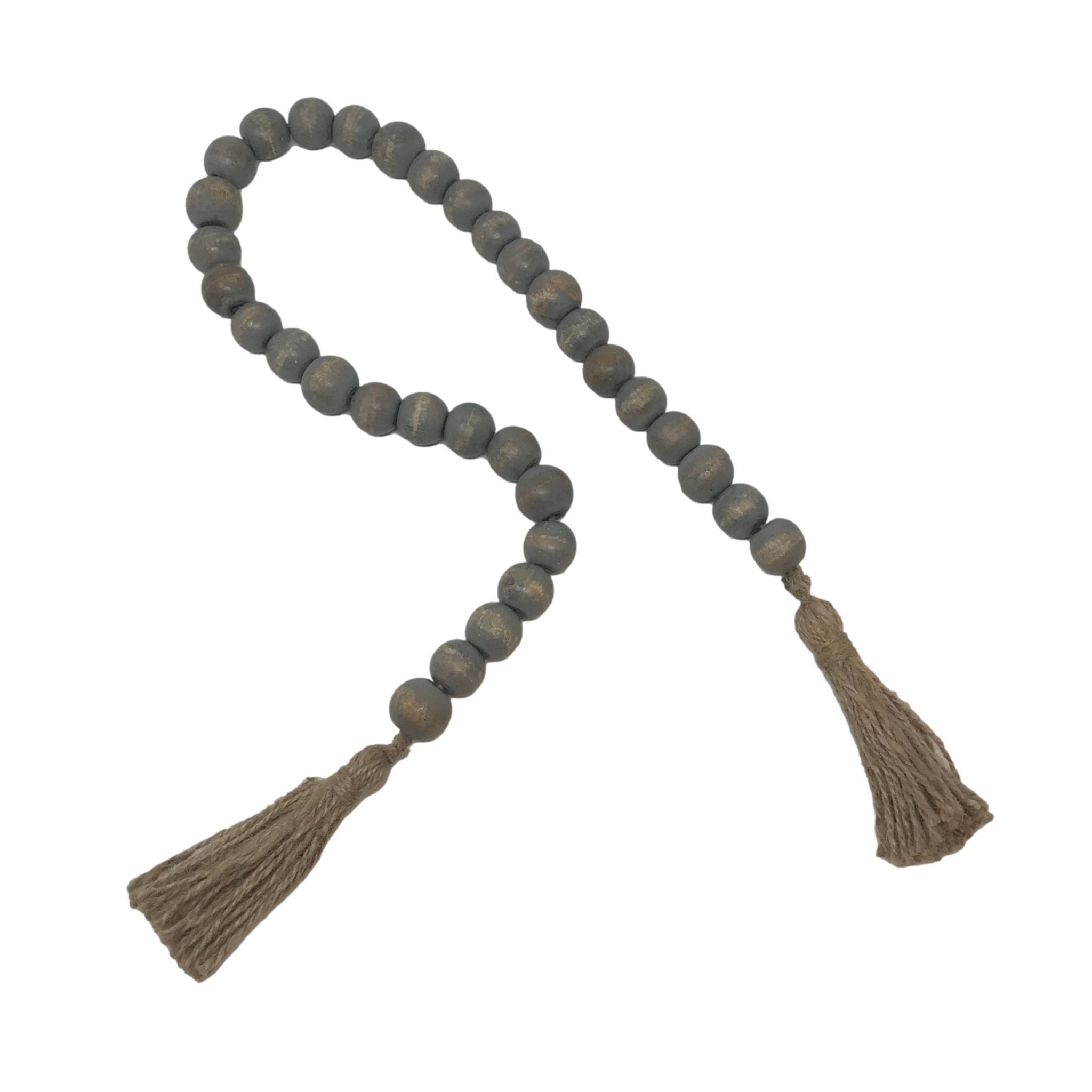 Wooden Boho Bead Garland with Natural Jute Tassels-Whitewash: Grey Washed - HER Home Design Boutique